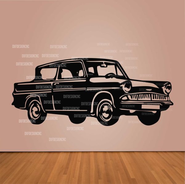 "Ford Anglia vector design in DXF, SVG, AI, and CDR formats for CNC laser cutting, plasma cutting, and digital artwork."