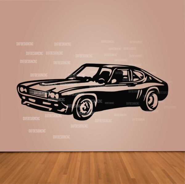 "Ford Capri 2600RS vector design in DXF, SVG, AI, and CDR formats for CNC laser cutting, plasma cutting, and digital artwork."