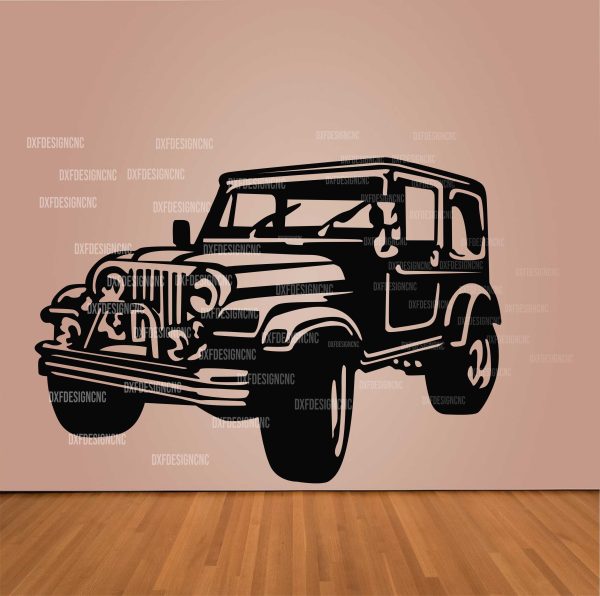 "Jeep Laredo CJ7 vector design in DXF, SVG, AI, and CDR formats for CNC laser cutting, plasma cutting, and digital artwork."