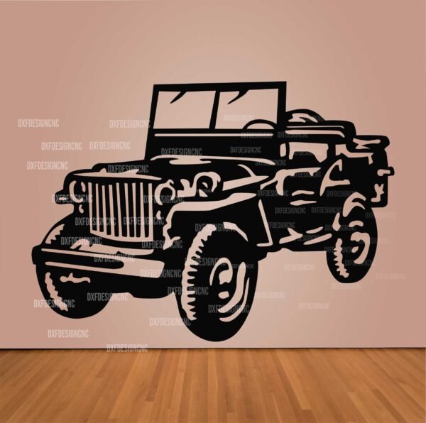 "Jeep Willys vector design in DXF, SVG, AI, and CDR formats for CNC laser cutting, plasma cutting, and digital artwork."