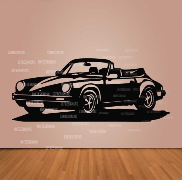 "Porsche 911 Cabriolet vector design in DXF, SVG, AI, and CDR formats for CNC laser cutting, plasma cutting, and digital artwork."