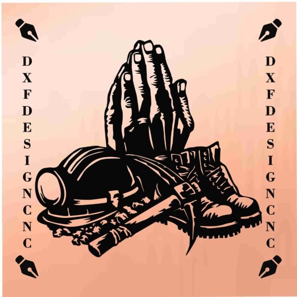 Hands of Steel, Hearts of Faith Miner prayer vector design featuring helmet, boots, and praying hands, ready for CNC laser and plasma cutting, includes DXF, SVG, AI, and CDR files